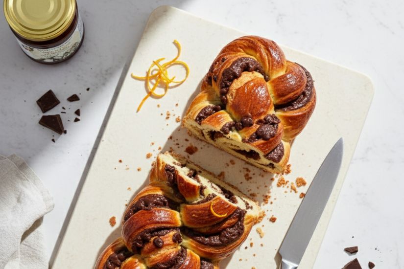 Como-hacer-trenza-de-chocolate pan con mantequilla y con mermelada de naranja